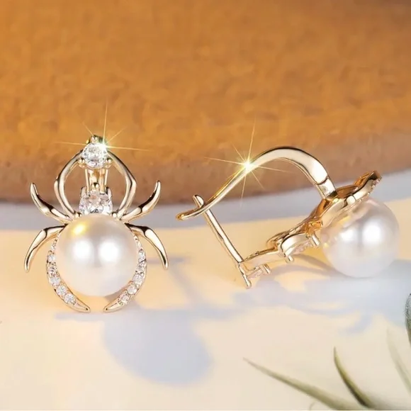 Elegant Gold and Pearl Spider Earrings - Picture 2 of 5